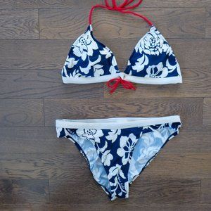 Navy Blue White Floral Flower 2 piece bikini